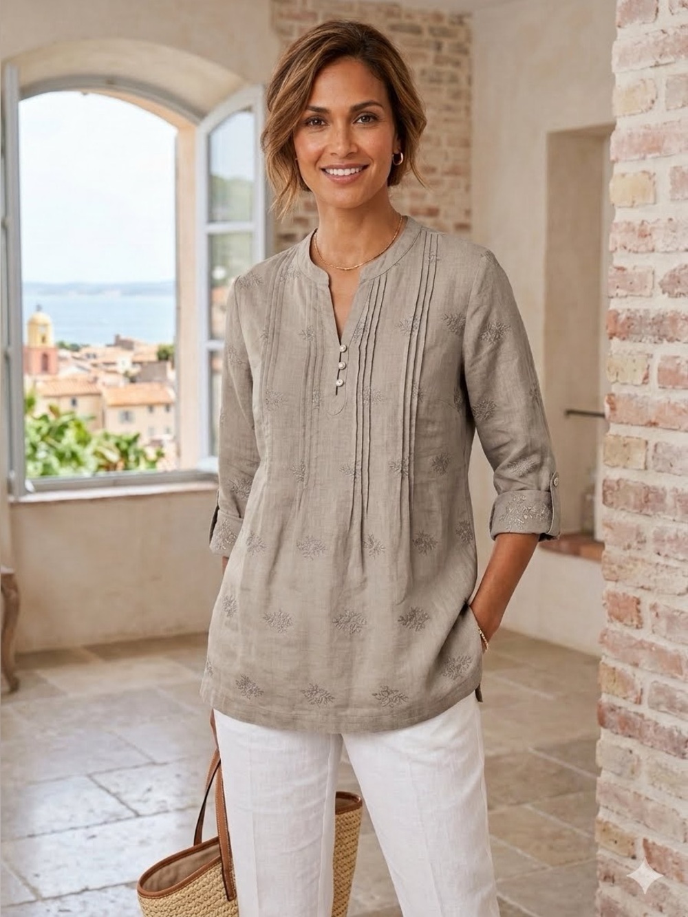 Cynthia Rowley NWOT Taupe Embroidered Linen Tunic Top M Boho Feminine